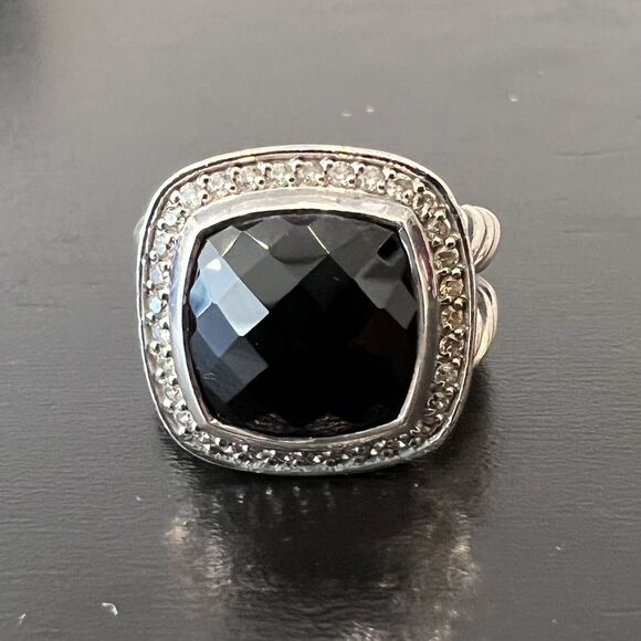 David Yurman Albion 11mm Black Onyx & Diamond 0.22 ct Halo Silver Ring Size 5.75 - Picture 2 of 5